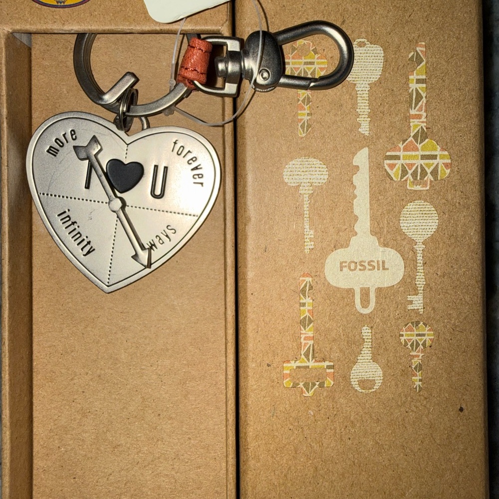 NWT Fossil Silver Heart Keychain “Compass Heart Rose”